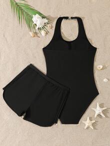 SHEIN Teen Girls One Piece Swimsuit,Black Solid Color,Halter Neck Adjustable,Regular Waist Tie Shorts,Fashion Minimalist Style,Summer,Beach,Holiday,Pool - Black - View 3