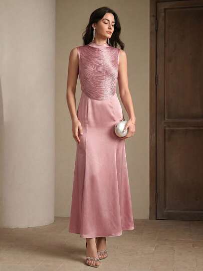 Anewsta Bộ trang phục nữ thanh lịch, hiện đại, cao cấp, cổ lọ không tay phối tua rua và đầm đuôi cá màu hồng satin, thích hợp cho mùa xuân/hè.