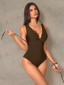 Shapewave Women's Solid Color One-Piece Swimsuit, Suitable For Beach Vacation, Pool Party, Beach Party - Coffee Brown - View 5