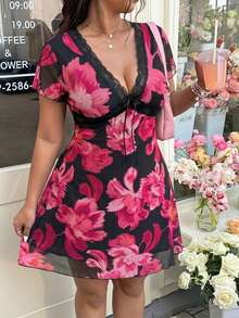 GalTyme Plus Size Women's Spring/Summer Lace Patchwork Floral Print Casual Party Dress - Pink - View 3