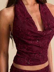 SHEIN BAE Atasan Camisole Tanpa Punggung dengan Hiasan Manik-Manik dan Bordir Biru, Cocok untuk Liburan, Pakaian Sehari-hari, Kencan, Pesta, Festival Musik, Atasan Musim Panas - Burgundy - View 8