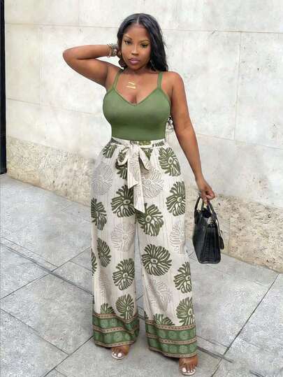 Slaydiva Spring/Summer New Plus Size Slim Fit Cami Top And Loose Wide Leg Pants 2 Pieces Set/Bohe/Music Festival/Easter/St. Patrick's Day/Western Style/ Nomadic Style/ Birthday Party/ Graduation/Casual Daily Outfit/Vacation/Cruise Travel/Beach/Sunbathing/Valentine's Day/Fashion Influencer Style/Commuting Style/Commuting Style/Summer Floral Patterns