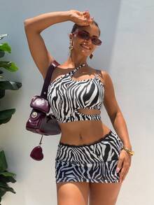 SHEIN SXY Áo croptop nữ dệt kim họa tiết da báo, khoét vai, kiểu dáng thường ngày. - Đen và trắng - Xem 5
