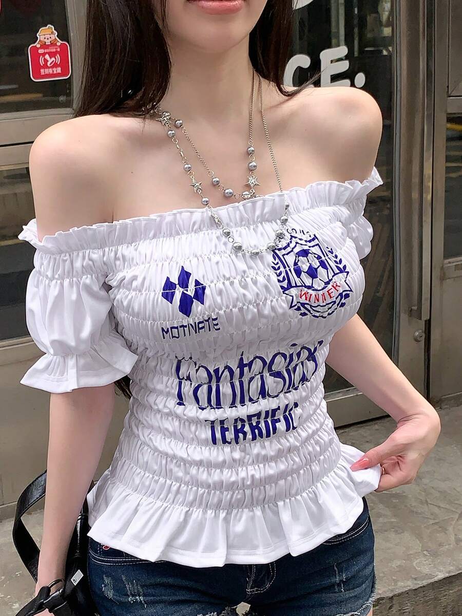 DAZY 女士露肩字母印花宽松运动T恤 - 白色 - 查看 1