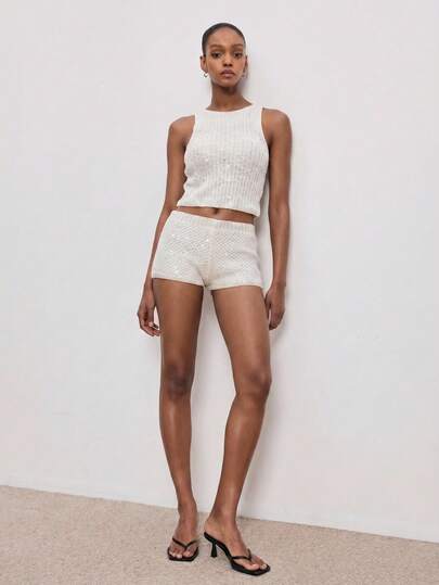 ATUI Studio Women's Sequin Sleeveless Knit Top & Shorts Set – Glam Versatile Two Piece Outfit For Summer Beach & Vacation