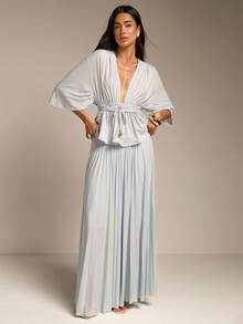 COSMINA Women's Elegant Deep V-Neck Ruched Mid-Sleeve Versatile Blouse, Suitable For Commute, Office, Wedding, Guest, Vacation, Beach, Spring/Summer - Baby Blue - View 2