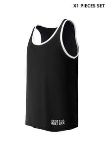 Camiseta básica casual ajustada para hombres con estampado de letras negras sin mangas, adecuada para todas las estaciones - Negro - Ver 1