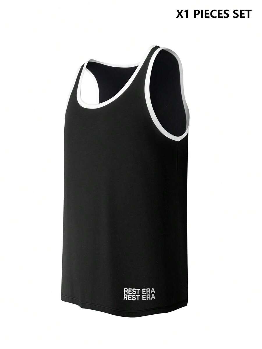 Camiseta básica casual ajustada para hombres con estampado de letras negras sin mangas, adecuada para todas las estaciones - Negro - Ver 1