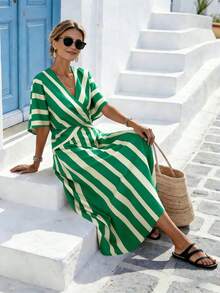 SHEIN Holidaya 女士黄色条纹宽松度假春夏V领修身蝙蝠袖连衣裙，适合度假、休闲、居家和日常活动 - Limelight Green - 查看 5