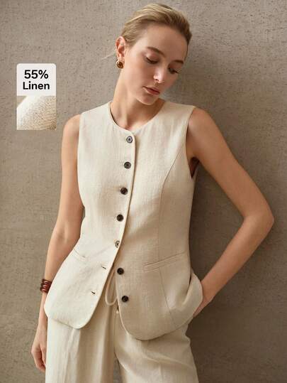 SHEIN x PRISCILA & JIMENA MOTF PREMIUM 亚麻单排扣背心