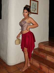 Maria Perezxox 女士新款秋季西部牛仔风格海滩休闲抽绳腰部不对称荷叶边下摆迷你裙 Y2K - 酒紅色 - 查看 4