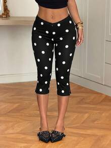 SHEIN EZwear Quần legging nữ dài đến khuỷu tay, họa tiết chấm bi trắng. - màu đen - Xem 3