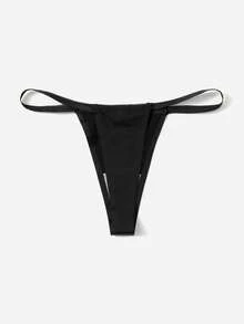 Women's Casual Comfy High Stretch Black Fabric Plain Ruched Thong Panties - Black - View 2