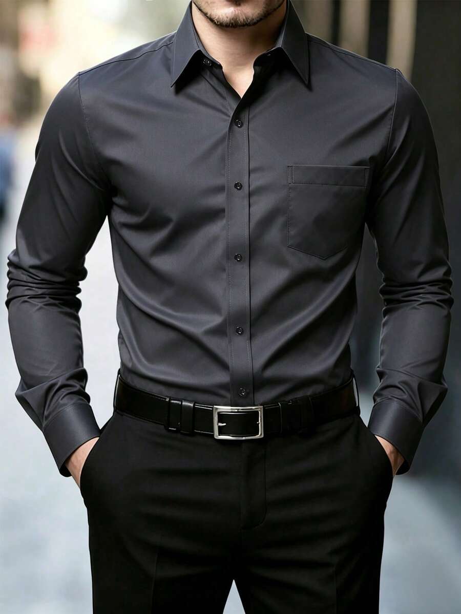 Manfinity Mode Camisa de manga larga de unicolor versátil y casual para hombres, formal, ceremonia - Gris Oscuro - Ver 1