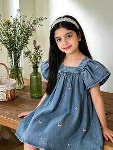 Elladie kids Young Girl's Fashionable Casual Elegant Denim Dress, Cap Sleeve Soft Floral Pattern Design Dress - Blue - View 1