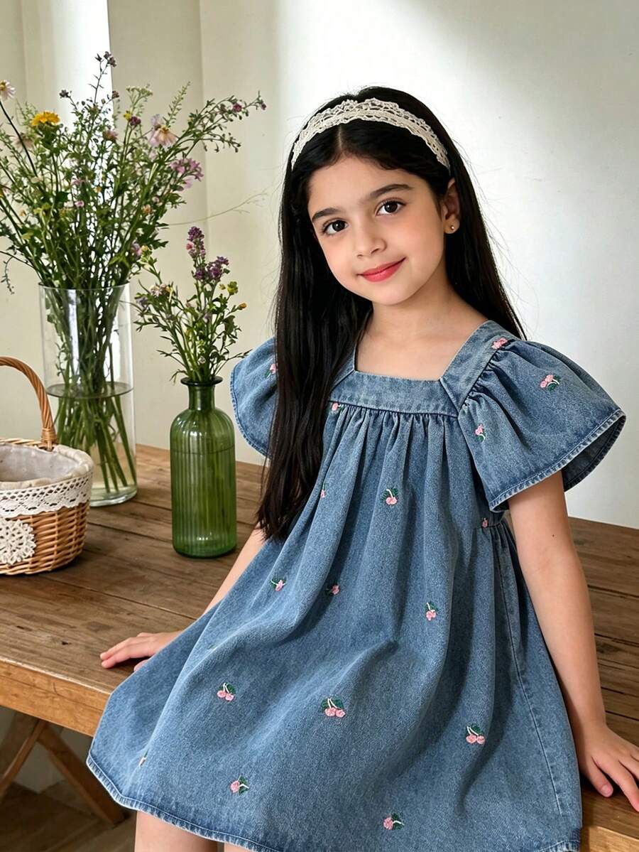 Elladie kids Young Girl's Fashionable Casual Elegant Denim Dress, Cap Sleeve Soft Floral Pattern Design Dress - Blue - View 1