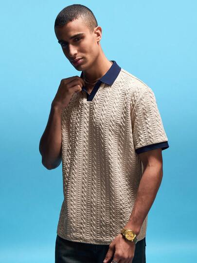 NobleFwd 男士撞色短袖休闲通勤 Polo 衫 男士针织 Polo 衫 米色 Polo 衫 男士 V 领针织衫 男士短袖毛衣 Polo 衫 男士纹理 Polo 衫 Old Money