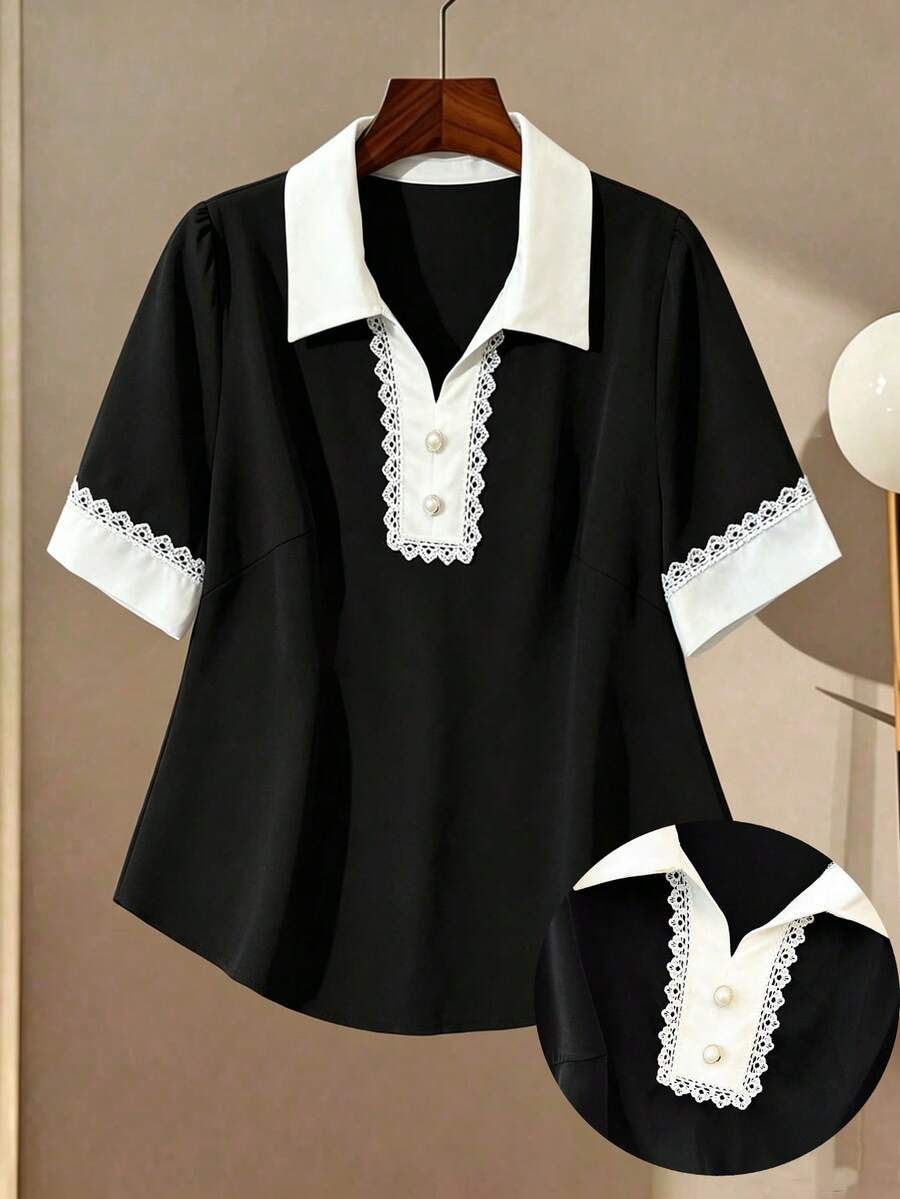 GlowEve CURVE Plus Size Shirt With Contrast Collar And Ruffle Trim, Short Sleeve Fitted Top - Black and White - View 1