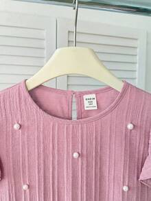 SHEIN LMoss Kids Blusa informal de cuello redondo con volantes y unicolor para niña - Rosa - Ver 3