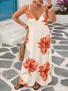 Breezaya Vestido Plus Size de Estilo Casual de Férias com Estampa Aleatória e Costas Abertas para Mulheres - Laranja - Visão 8
