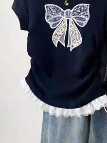 Resyla Atasan Wanita Model Baru Lengan Pendek dengan Hiasan Renda dan Potongan Pas di Pinggang, Atasan Kasual - Navy Blue - View 3