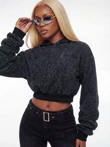 Modviera Women's Solid Color Cat Ear Hooded Fashionable Vacation Cropped Long Sleeve Sweatshirt, Autumn/Winter - Black - View 6