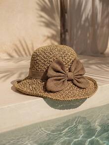 Swim Chiccia Classic Bowknot Woven Straw Hat, Women's Versatile Beach Sun Hat, Suitable For Spring & Summer - Khaki - View 3