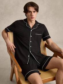 EverLounge Conjunto de pijama / pijama para hombres con ribete de contraste - Negro - Ver 1
