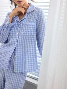 Ocili 波西米亚风印花棉质灯笼袖女士睡衣套装 - 藍白色 - 查看 3