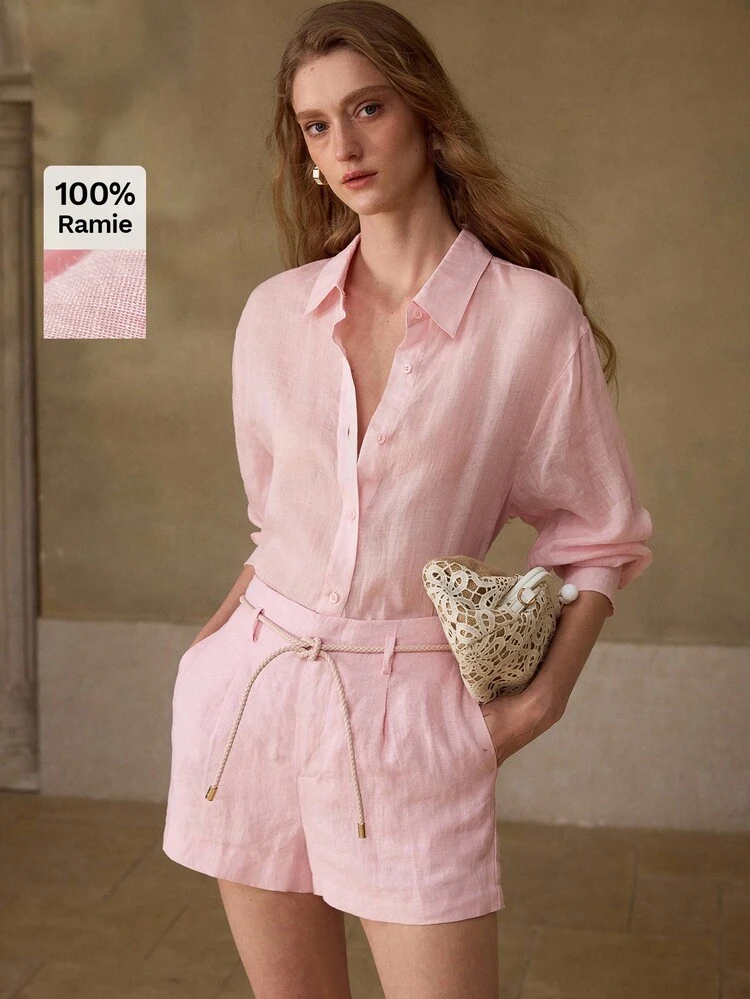 WOMEN'S 100% LINEN LONG SLEEVE SHIRT, CASUAL, DATE, COMMUTE, PINK