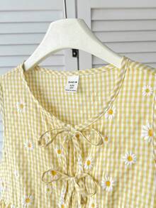 SHEIN 少女休闲日常度假格子花卉图案前蝴蝶结无袖上衣 - 黃色 - 查看 7