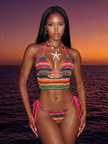 Slaydiva 新款春夏纹理针织性感抽绳沙滩度假吊带上衣和阔腿裤两件套泳衣套装（女款） - 彩色 - 查看 7