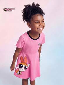 THE POWERPUFF GIRLS X SHEIN Maija Kids 女童卡通动物印花柔软针织圆领短袖连衣裙 - 淺粉色 - 查看 1