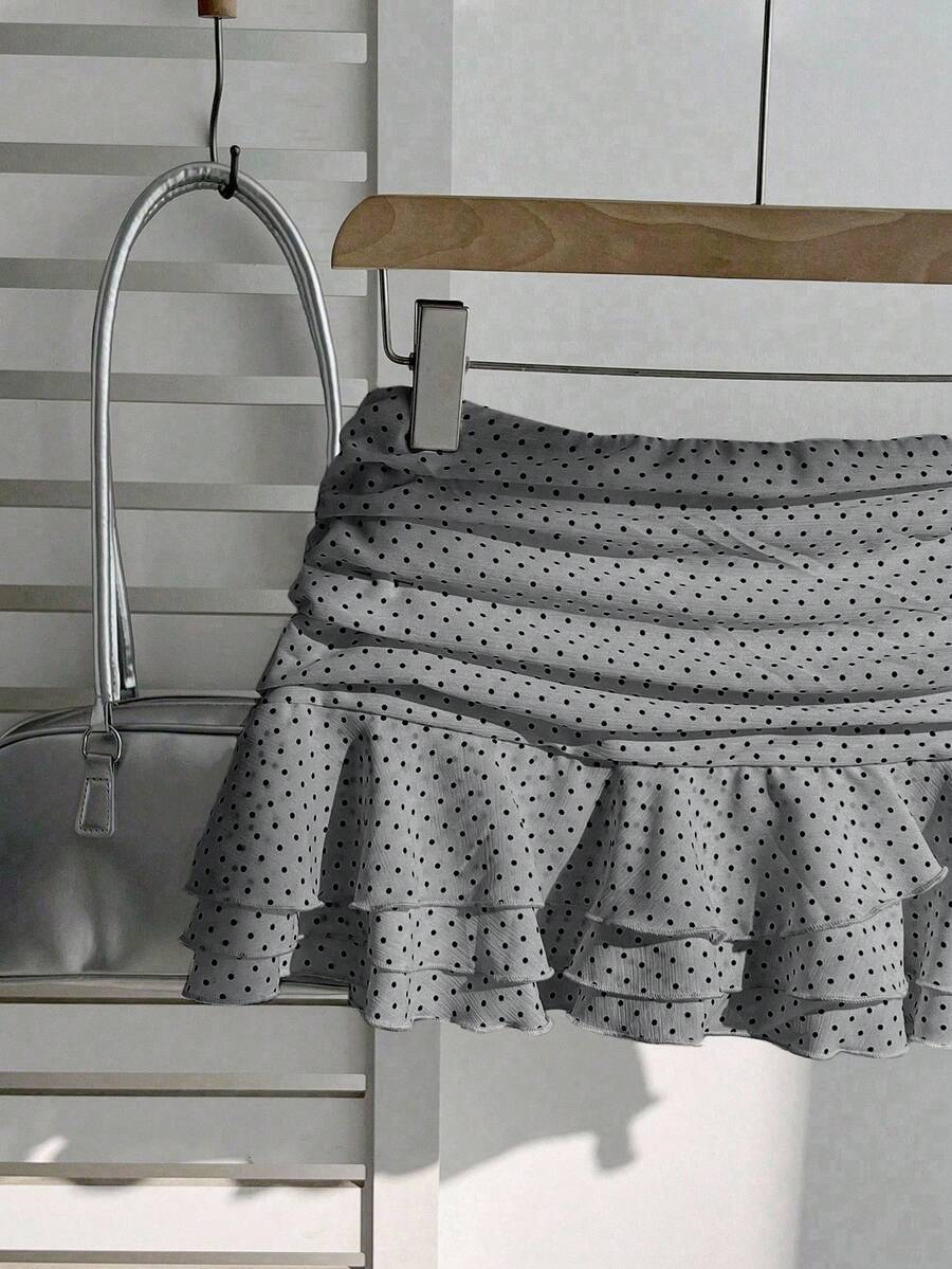 Elamini Chân váy ngắn chấm bi xếp tầng phong cách retro mùa hè, trang phục đi nghỉ mát cho nữ, phù hợp cho mùa tốt nghiệp, phong cách sinh viên, tiệc tùng thường ngày, mặc hàng ngày, màu xám. - Xám - Xem 1