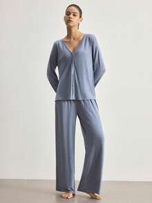 Ocili Minimalist Comfortable Collarless Soft Pajama Set For Women - Dusty Blue - View 2