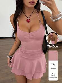 FavEase Đầm xòe xếp ly đính cườm hở lưng cổ yếm YK2 dành cho nữ - Hồng - Xem 4