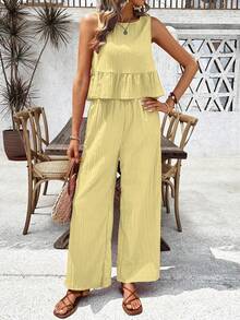 SHEIN Holidaya Women's Vacation Solid Color Ruffle Hem Tank Top And Wide Leg Pants Casual 2 Pieces Set 2 Piece Set Womens Outfit Holiday Outfit Pleated Outfit - Yellow - View 6