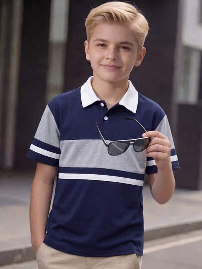 Mirajuku 休闲撞色纹理面料宽松 Polo 衫，适合青少年男孩日常通勤和上学穿着。
