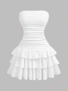 SHEIN Teen Girl White Summer Elegant Matching Family Vacation Outfit, Solid Color Ruched Ruffle Hem Tube Dress For Birthday Graduation Holiday - White - View 3
