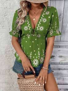 Hotletica Áo kiểu nữ phong cách Bohemian, thêu họa tiết, buộc dây, xếp nếp, thích hợp cho kỳ nghỉ. - xanh quân đội - Xem 5