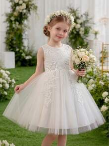 SHEIN Glamorique Kids 年轻女孩优雅迷人白色蕾丝无袖束腰可爱蝴蝶结可拆卸奢华双层薄纱蓬蓬裙 - 白色 - 查看 5