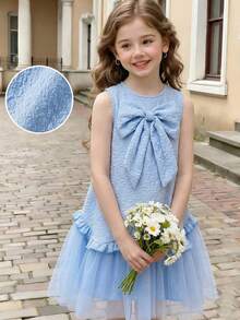 Elladie kids 夏季女童藍色花朵花童裙，無袖刺繡薄紗A字公主裙附大蝴蝶結，優雅小女孩生日派對外出穿著服飾 - 藍色 - 查看 4