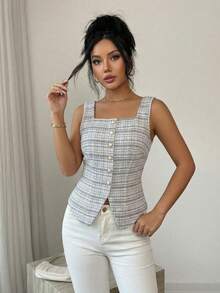 Elenzga Áo vest nữ thanh lịch, thời trang, chất liệu vải tweed dệt kim, cài khuy ngọc trai, cổ vuông, eo thắt, thích hợp cho kỳ nghỉ xuân hè. - Đen và trắng - Xem 5
