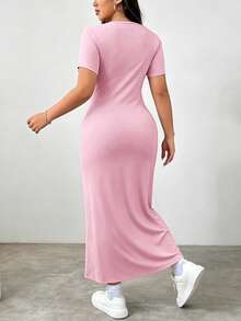 SHEIN EZwear 加大码纯色圆领修身夏季短袖连衣裙，粉色 - 粉色 - 查看 2