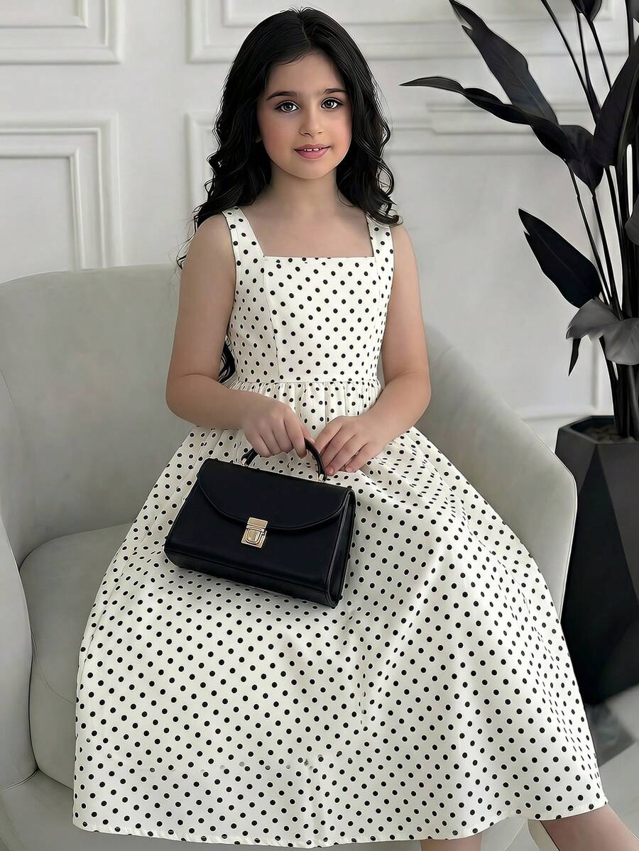 SHEIN Gaun Anak Perempuan Remaja Musim Panas Terbaru Motif Polkadot Leher Persegi Pinggang Model A-Line Panjang - Aprikot - View 1