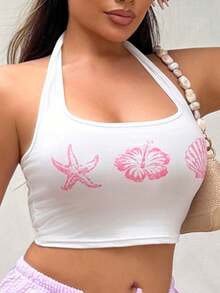 Maria Perezxox Camiseta sin mangas de cuello halter color rosa con estampado de estrella de mar, flor y concha, adecuada para el verano - Multicolor - Ver 6