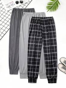 SHEIN Set de 3 pantalones de estar por casa con cintura elástica, a cuadros + unicolor, ropa de otoño e invierno para hombres - Multicolor - Ver 1