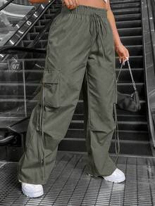 Plus Size Women Solid Color Casual Versatile Drawstring Waist Cargo Pants - Khaki - View 1