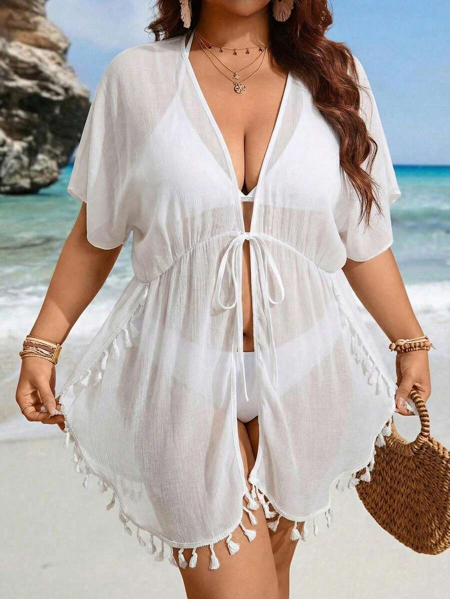 Swim Lushoire 2026 New Model  Plus Size Women Kimono Robe, Lightweight, Slit, Fringe Trim, Loose Waist Tie Belt,  Mature, Vacation, Beach Wear - White - View 1