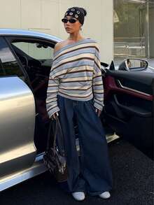 SHEIN Muchic Sudadera corta asimétrica de estilo universitario a rayas azules, con hombros descubiertos, diseño minimalista, adecuada para primavera, verano y principios de otoño, versátil - Multicolor - Ver 5